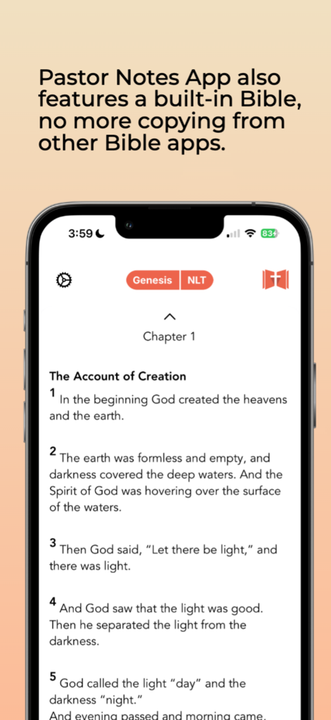 Pastor Notes App - Pastor Notes App showing the integrated Bible reader with the book of Genesis open on an iPhone screen