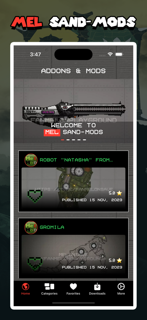 Mods Hub for Sandbox Games - Interface of the Mods Hub for Sandbox Games app showing a collection of pixelated addons and character skins