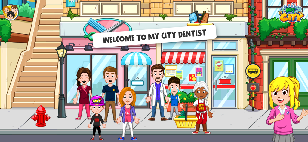 Diverse cartoon characters standing on a city street in front of a hair salon and a mini mart