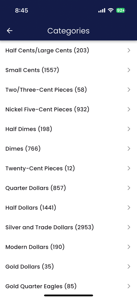 GreatCollections - A menu displaying various rare coin auction categories with item counts in the GreatCollections mobile app