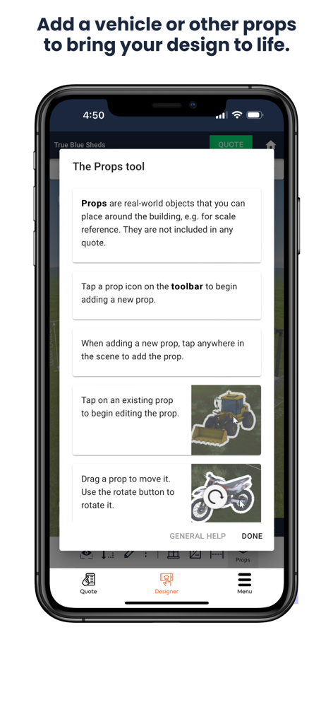 True Blue Sheds, Shed Designer - Eine mobile Oberfläche der True Blue Sheds App mit einem Tutorial für das Requisiten-Tool zum Hinzufügen von Fahrzeugen und Geräten zu einem 3D-Design.