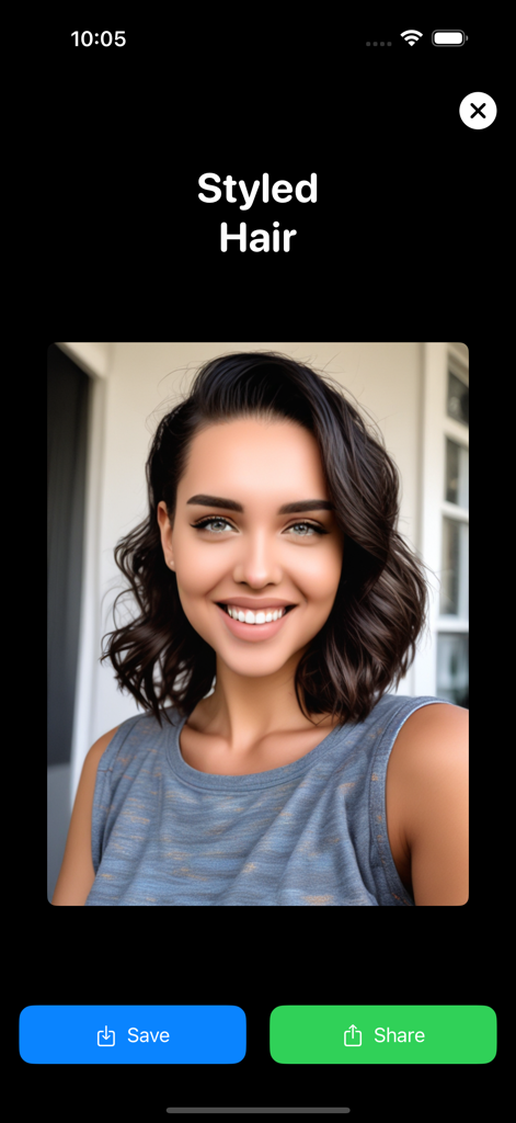 Hairstyle Changer: AI Makeover - Una mujer previsualizando un nuevo estilo de bob ondulado en la aplicación Cambiador de Peinados con IA