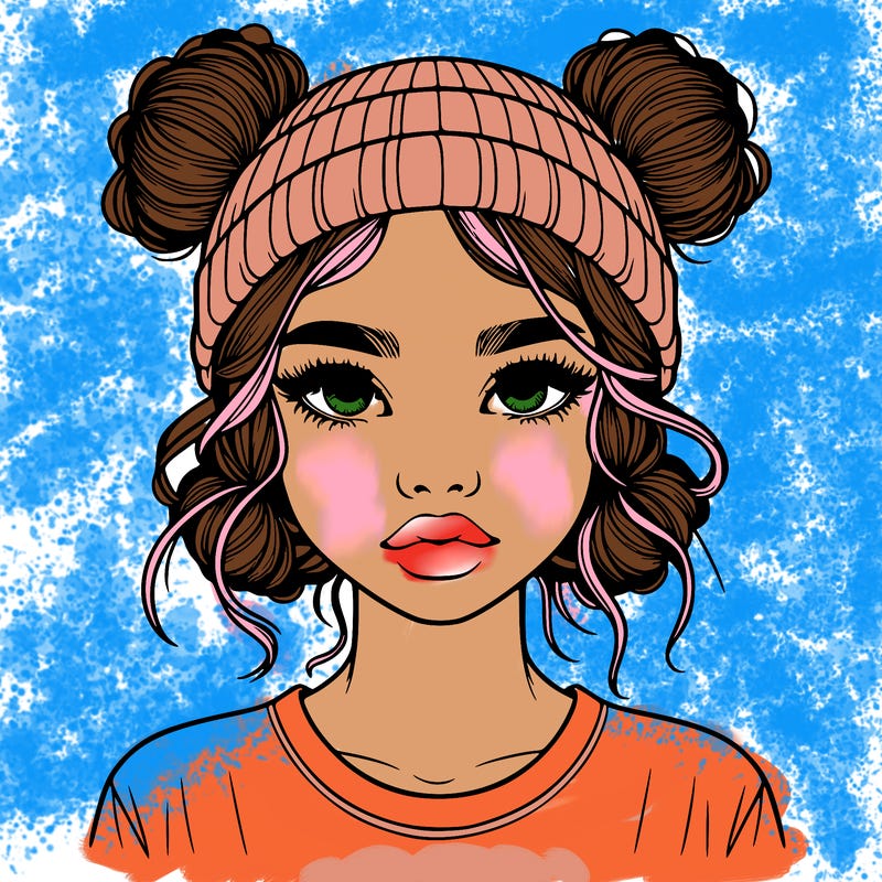 realistic girl with buns in her hair with a beanie on