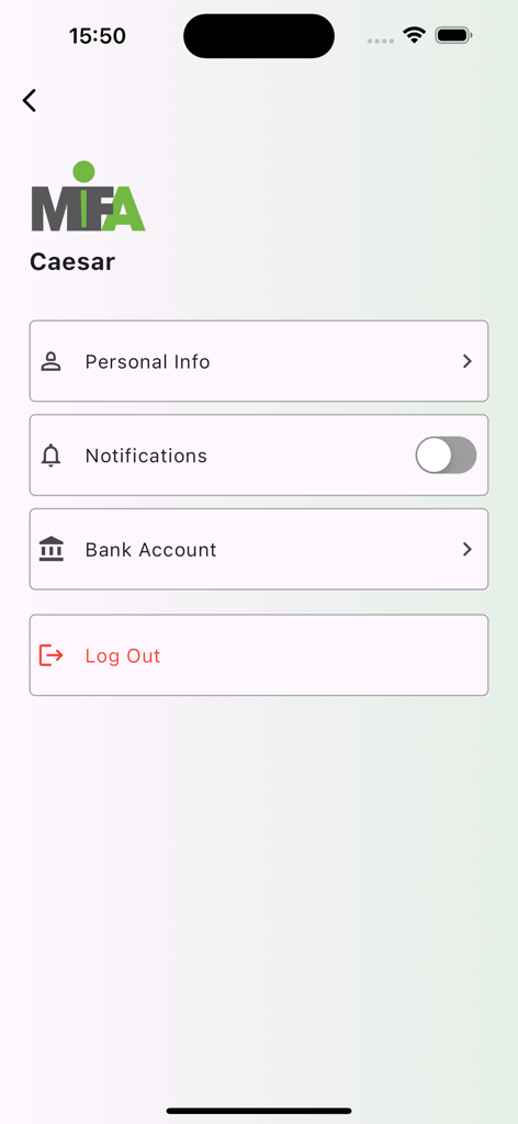 MIFA - User profile screen in the MIFA app showing settings for personal information, notifications, and bank accounts.