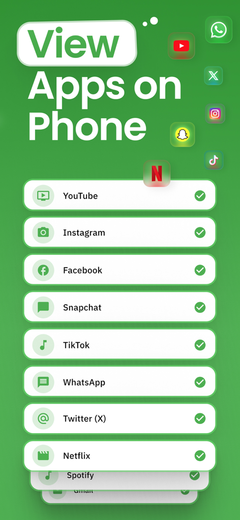 Screenshot of Spy Phone app showing the feature to view installed apps on a target phone with a list including YouTube Instagram and TikTok