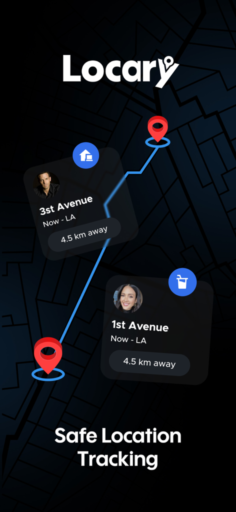 Interface do aplicativo Locary exibindo rastreamento de localização em tempo real de membros da família com marcadores no mapa e relatórios de distância.