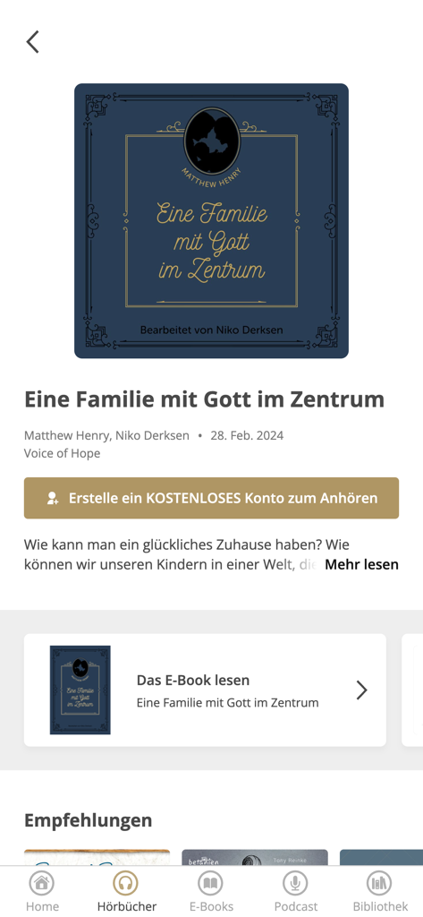 Christliche Medien - Screenshot der Christliche Medien App, die Details zu einem christlichen Hörbuch über Glauben und Familie zeigt