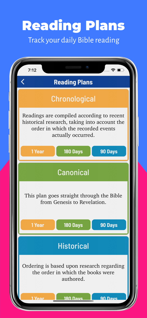 Mobile app screen showing various Bible reading plans like chronological and canonical with different time durations