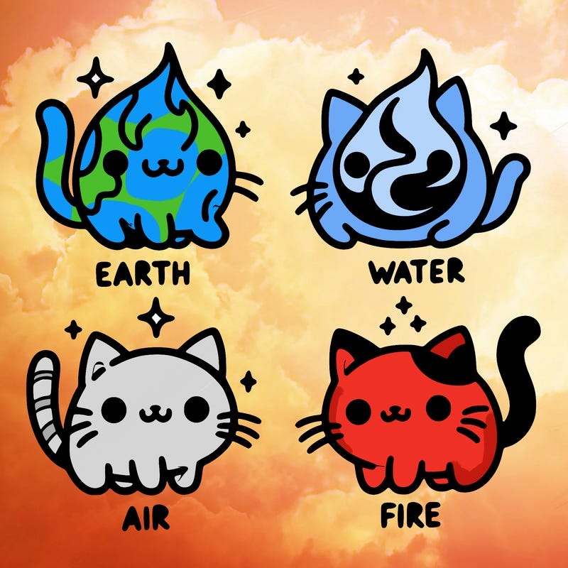 4 cats that represent the different elements, earth, water, air, and fire