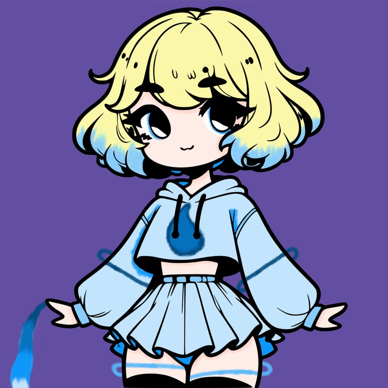 cute femboy with short, fluffy hair that softly frames their face, wearing a cropped hoodie, paired with a flouncy short skirt, and thigh-high stockings