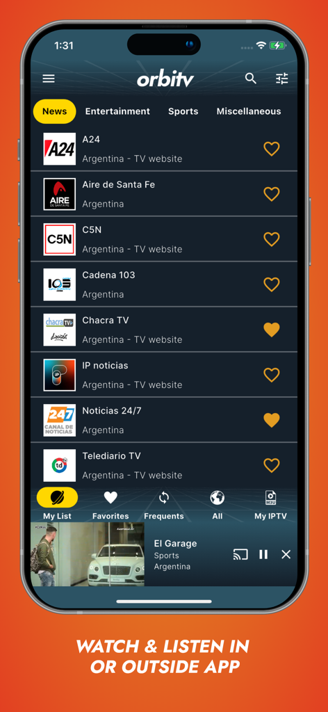Orbitv: Live TV, IPTV Player - Orbitv app on iPhone showing a list of live news channels and a picture-in-picture miniplayer