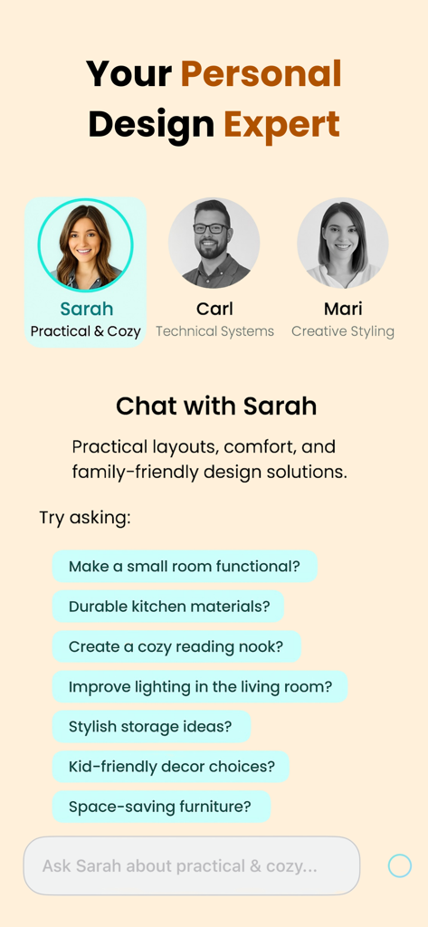 Arch AI Home Design & Interior - Pantalla de la aplicación móvil Arch AI que muestra opciones para chatear con expertos en diseño de interiores de IA como Sarah para soluciones de hogar prácticas y acogedoras