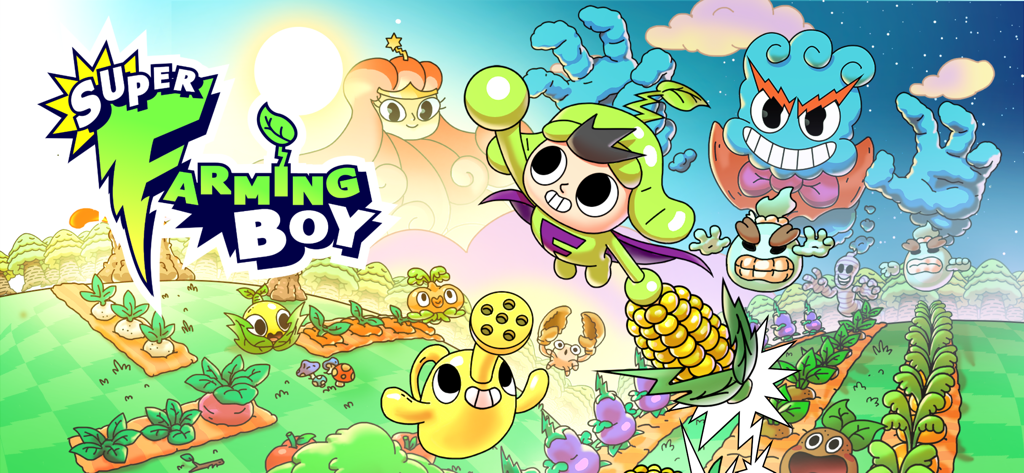 Main character from Super Farming Boy flying over a colorful farm with living crops and superhero action