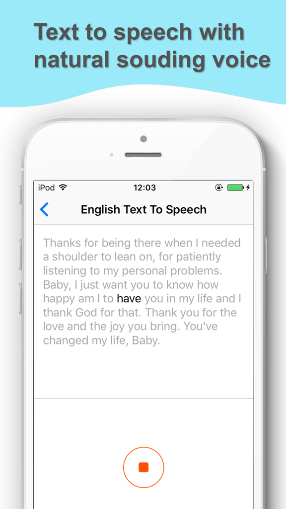 Oberfläche der Englisch Wörterbuch-App, die die Text-to-Speech-Funktion mit Wiedergabe- und Stoppsteuerung zeigt.