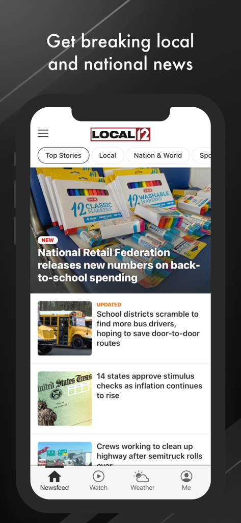 WKRC Local 12 news app interface showing a feed of local and national news stories on an iPhone