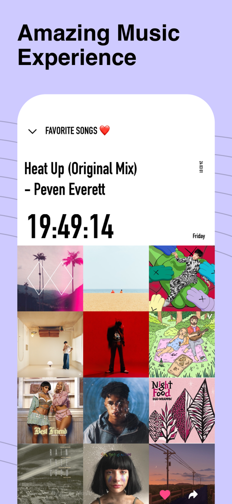 Aesthetic music player interface with a digital clock and a grid of artistic album covers