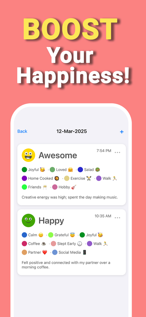 Mood Feel Tracker MoodFeel - Screenshot of MoodFeel app displaying detailed daily mood entries with activities and emotions.