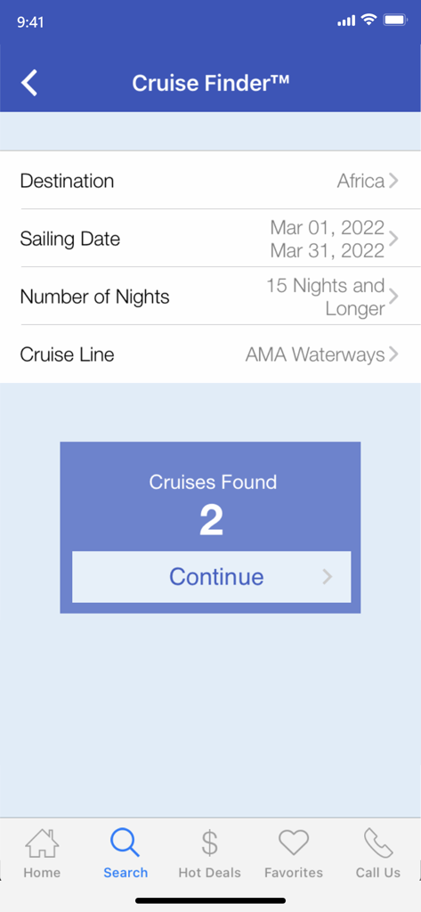 Cruise Finder by iCruise.com - Cruise Finder app search page showing selected filters for a cruise to Africa and 2 results found