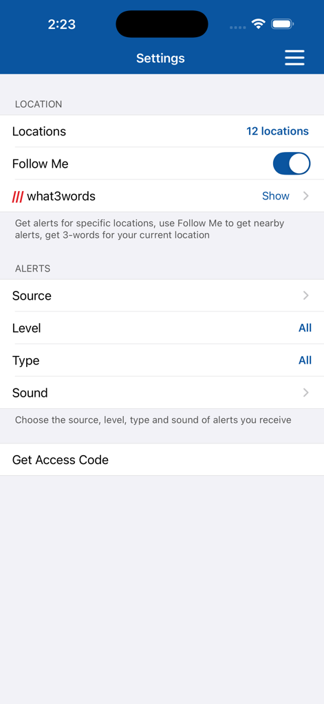 Alertable - Alertableアプリの設定画面。場所とアラートのカスタマイズオプションが表示されています。