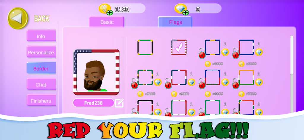Avatar customization menu showing flag borders for player profiles in Caribbean Dominoes