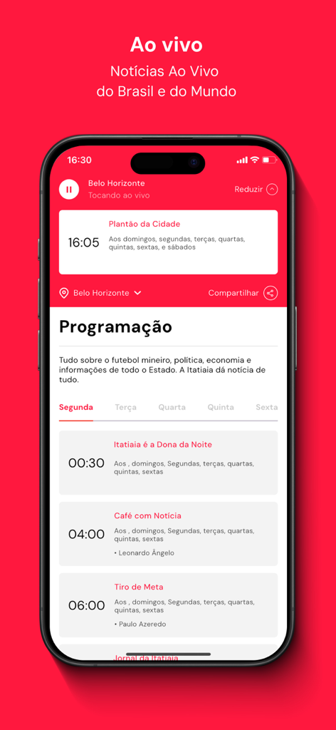 Rádio Itatiaia - Mobile app interface of Radio Itatiaia showing the live daily programming schedule and news player
