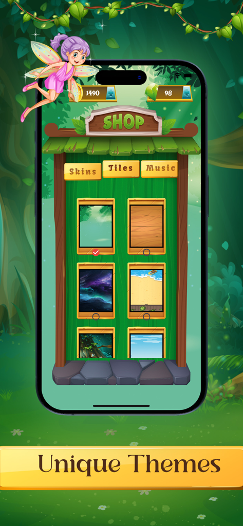 Tile Match Master Game - Boutique en jeu montrant des thèmes de tuiles et des arrière-plans personnalisables avec un personnage de fée