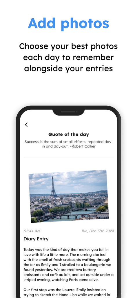 Audio Diary - a simple journal - Audio Diary app interface showing a journal entry with a photo of the Eiffel Tower and a daily quote