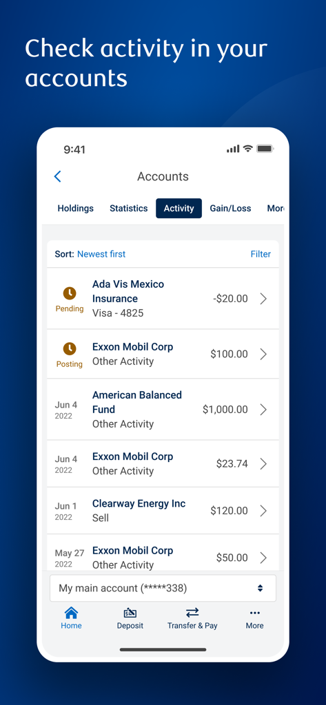A mobile screen from the RBC Wealth Management app displaying a detailed list of account transactions and activities.