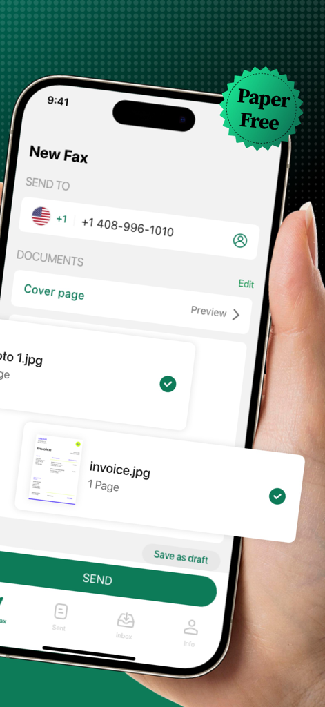 Tiny Fax: Send Fax From iPhone - A hand holding an iPhone with the Tiny Fax app open showing a new fax draft including a cover page and an invoice document