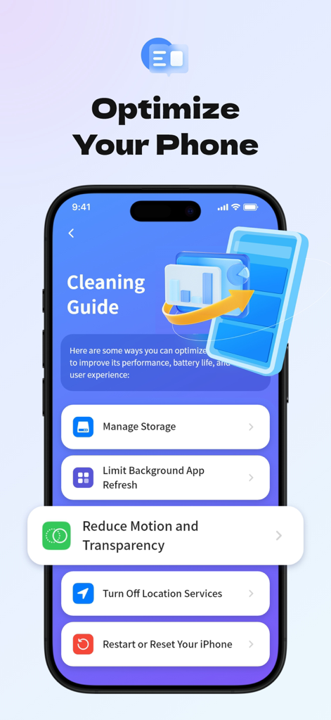 Interface of AI Clean app showing a cleaning guide to optimize phone performance and manage storage