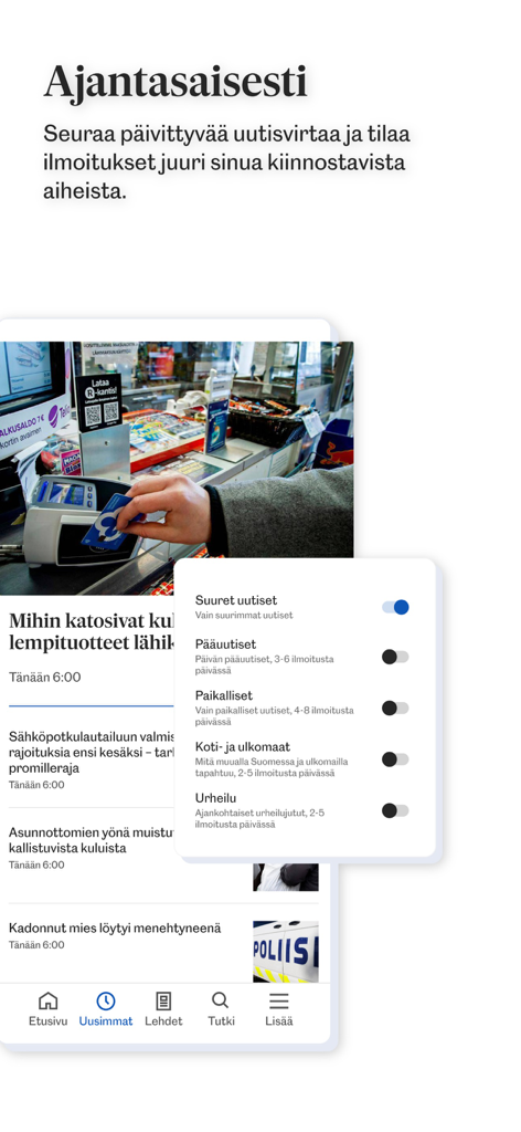 Pogostan Sanomat - Pogostan Sanomat mobile app interface showing a news feed and notification settings for local Finnish news