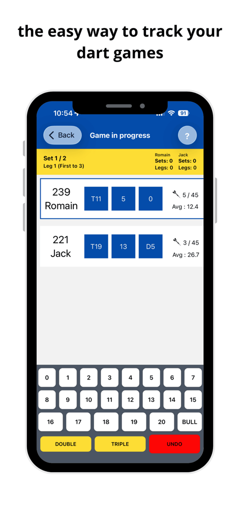 Dart Scorekeeper: Scoreboard - Interface of the Dart Scorekeeper app displaying a live scoreboard for two players and a numeric keypad for score entry.