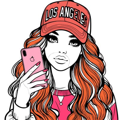 realistic beautiful girl wearing los ángeles cap holding an iphone