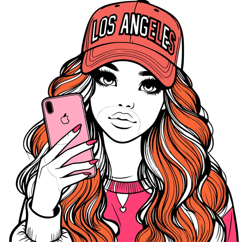 realistic beautiful girl wearing los ángeles cap holding an iphone