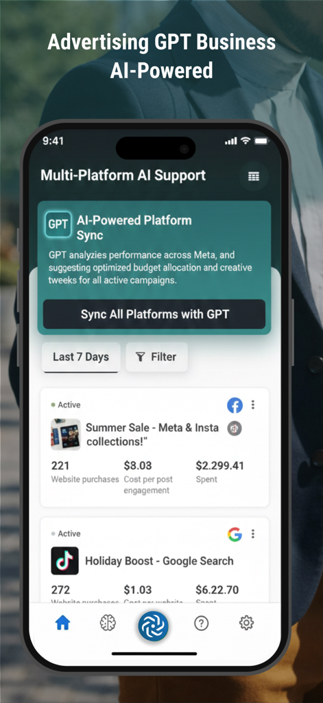 Advertising GPT Business - Interfaz de la aplicación Negocio GPT de Publicidad que muestra la sincronización de plataformas de IA y análisis de campañas publicitarias