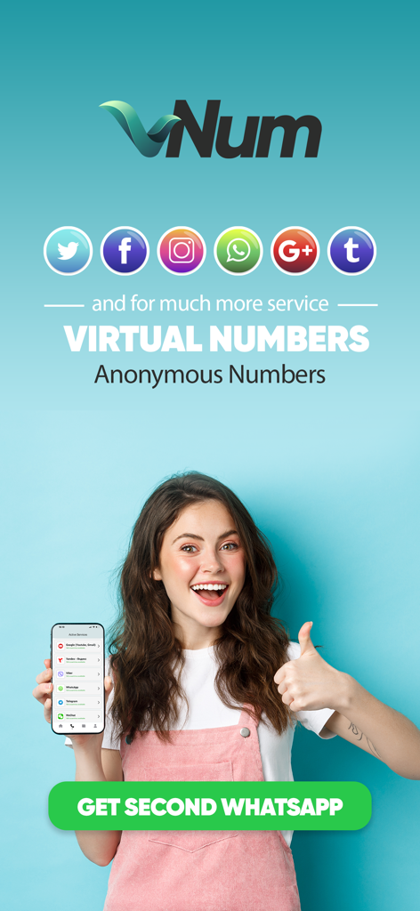 vNum: Second Phone Number - 仮想番号とSMS認証のためのvNumアプリを表示するスマートフォンを持つ笑顔の女性