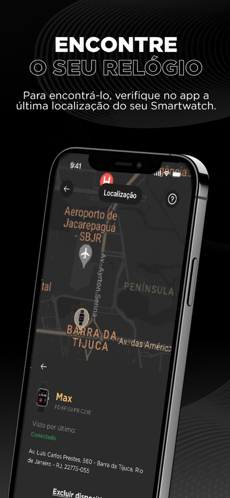 Technos Connect app interface showing the location of a smartwatch on a map with a find my watch feature
