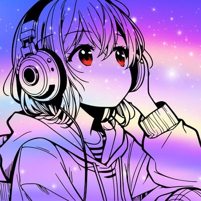 manga character that listen a music with headphone