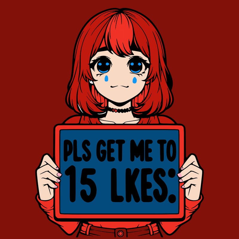 realistic girl holding up a sign that says “pls get me to 15 likes!”