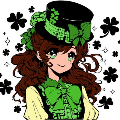 a manga-style girl with clovers around her, a little hat in her hair, like it's saint patrick's day