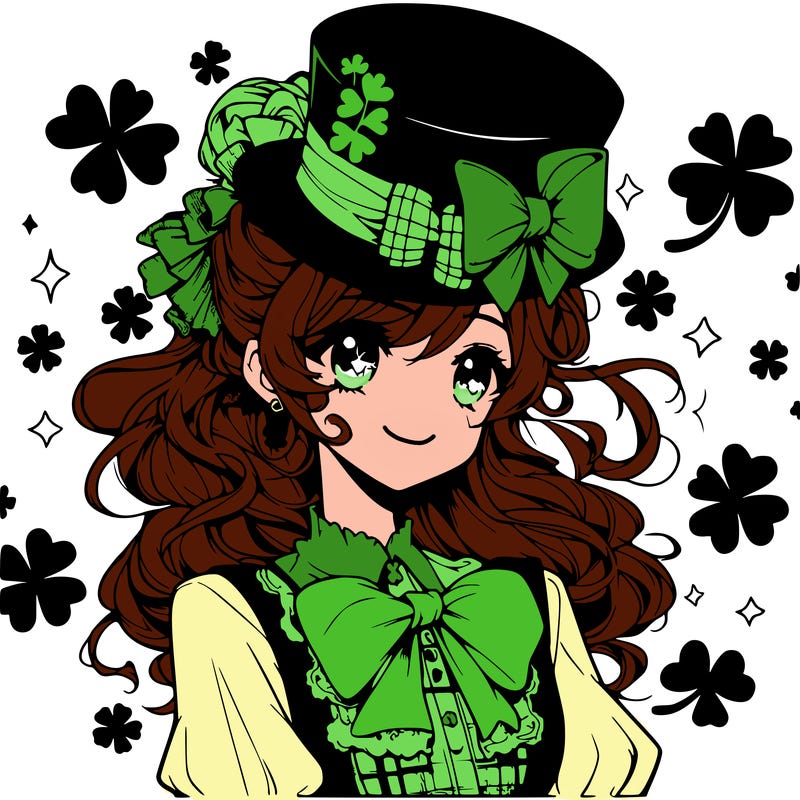 a manga-style girl with clovers around her, a little hat in her hair, like it's saint patrick's day