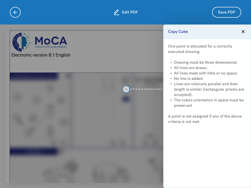 MoCA Duo - MoCA Duo app interface displaying specific scoring criteria and instructions for the Copy Cube cognitive assessment task