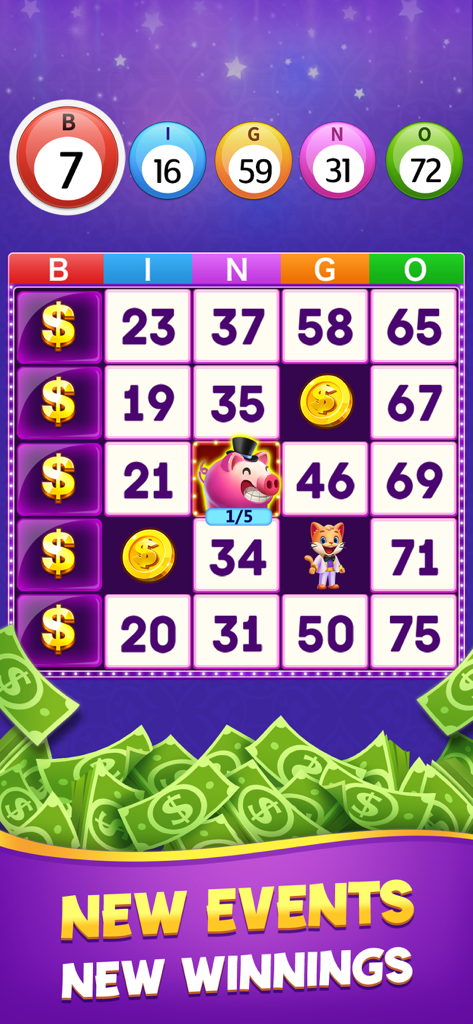 Bingo to Win: Real Cash Prizes - Mobile bingo game interface showing a bingo card with money symbols and cash prize rewards.