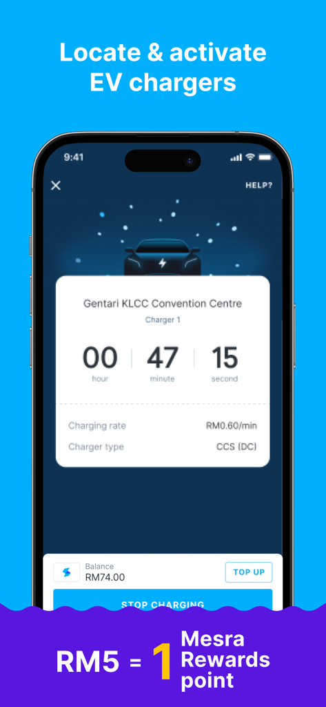 Mobile app screen showing the status of an active electric vehicle charging session including timer and location