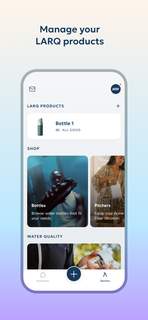 LARQ - Interface of the LARQ app showing a managed smart water bottle and shop categories for bottles and pitchers.