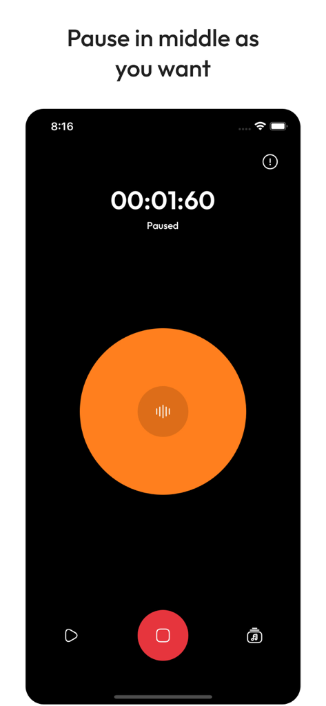 Just Press to Record - Interfaz de la aplicación Just Press to Record mostrando una grabación de voz en pausa con un gran botón naranja y fondo oscuro.