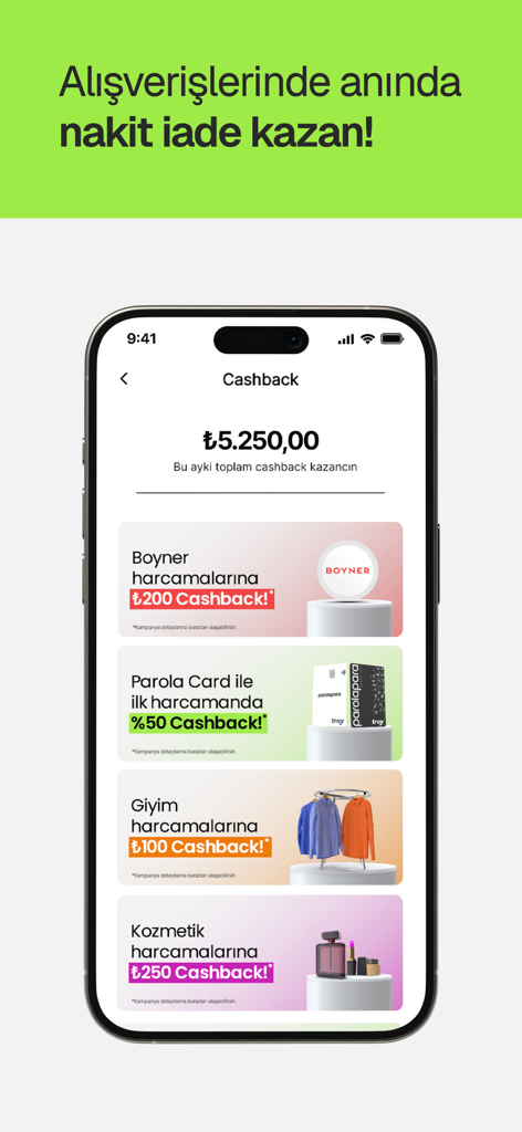 Parolapara: Para Gönder, Harca - Parolapara app displaying instant cashback rewards for shopping and brands