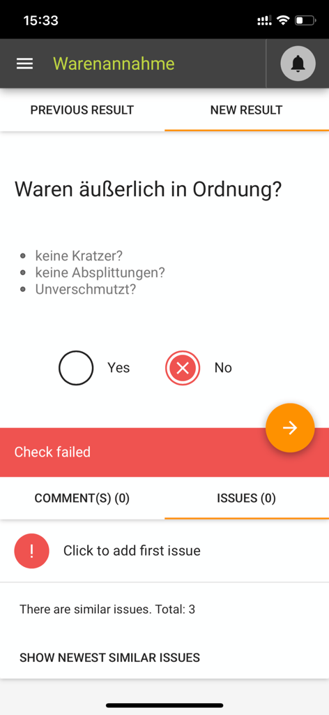Testify Mobile app screen showing a digital checklist for goods receipt with a failed quality check.