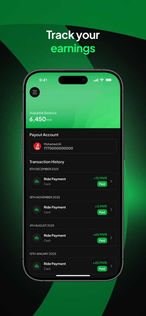 Avas App - Driver - A mobile screen showing the earnings and ride transaction history in the Avas Driver app