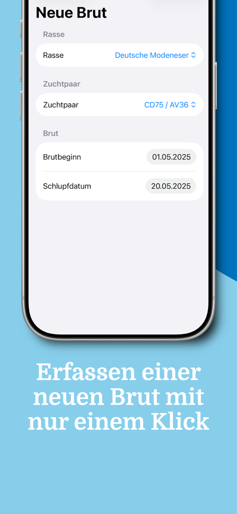Pigeon Manager - Interface of the Pigeon Manager app showing a new brood record with breeding pair and expected hatch dates.